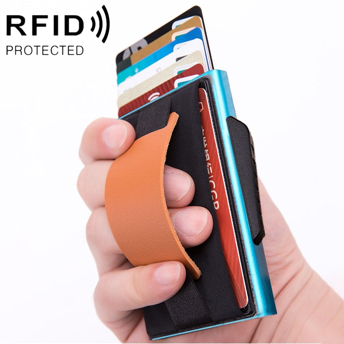 X-32C Automatically Pop-up Card Type Anti-magnetic RFID Anti-theft Men Aluminum Alloy B Dial Button Elastic Bag Wallet with PU Leather Strap            ...