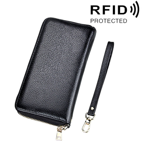 Porte-carte de crédit en style long avec cernier en cuir véritable de vachette avec texture litchi Porte-carte de crédit avec bloc RFID Garde-robe protégée avec ceinture de tissu pour femme, Dimensions: 20 * 10,5 * 3 cm