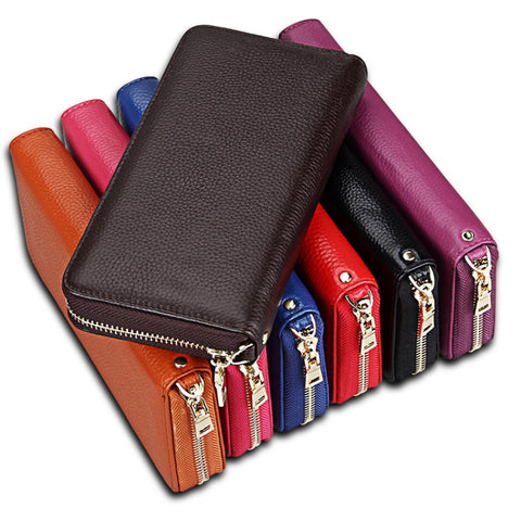 Porte-carte de crédit en style long avec cernier en cuir véritable de vachette avec texture litchi Porte-carte de crédit avec bloc RFID Garde-robe protégée avec ceinture de tissu pour femme, Dimensions: 20 * 10,5 * 3 cm