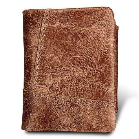 Vera pelle di vacchetta Crazy Horse Texture Cerniera 3 pieghe Porta carte di credito stile corto Porta carte di credito Porta carte con blocco RFID Custodia protettiva per uomo, Dimensioni: 12 * 9,5 * 4 cm(Tronpa), 3585