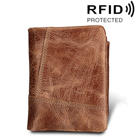 Vera pelle di vacchetta Crazy Horse Texture Cerniera 3 pieghe Porta carte di credito stile corto Porta carte di credito Porta carte con blocco RFID Custodia protettiva per uomo, Dimensioni: 12 * 9,5 * 4 cm(Tronpa), 3585