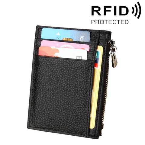 Porta carte di credito in pelle di vacchetta tinta unita con cerniera Porta carte di credito con blocco RFID Porta carte di protezione, dimensioni: 11 * 8 * 1,5 cm
