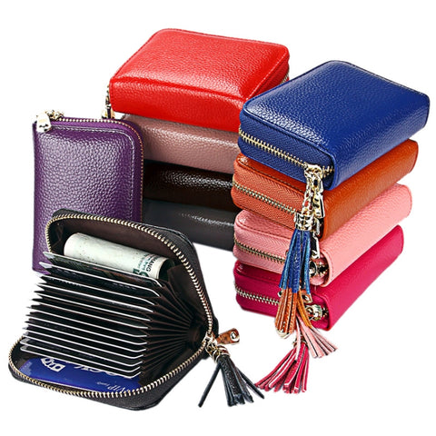 Porte-carte de crédit en vraie peau de vache teintée à l'unité Porte-carte avec bloc RFID Porte-carte de protection Porte-monnaie avec boucle en nappa et 15 emplacements par carte pour femme, Dimensions: 11,1 * 7,6 * 3,5 cm
