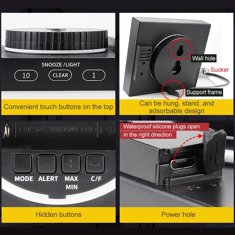 TS-WP10-W Orologio da parete impermeabile per bagno, timer, termometro domestico, igrometro, TS-WP10-W, TS-WP10-B