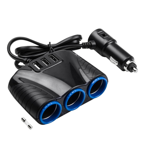 3-Port Car Charger with 3 USB & Cigarette Lighter Sockets