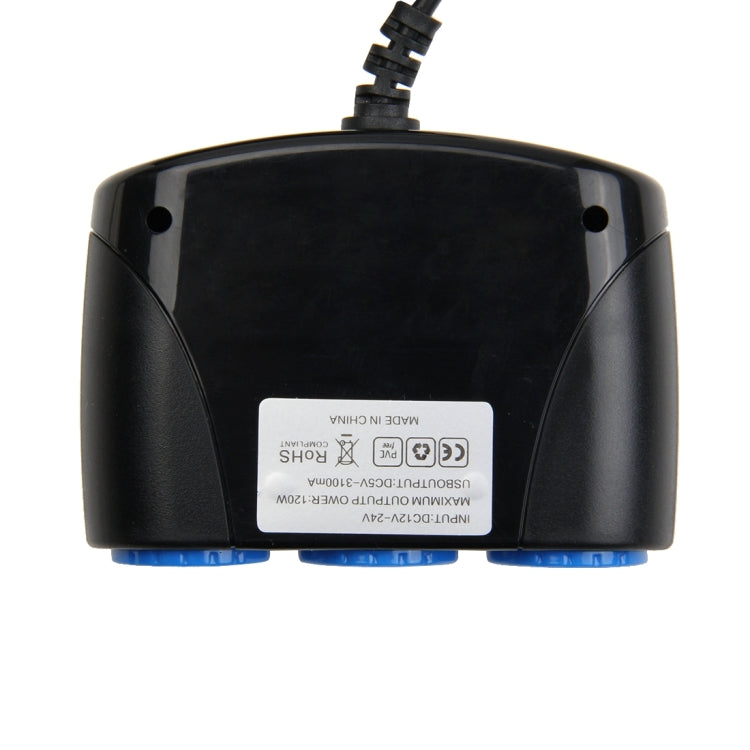 3-Port Car Charger with 3 USB & Cigarette Lighter Sockets