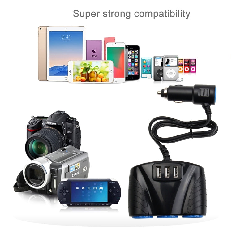 3-Port Car Charger with 3 USB & Cigarette Lighter Sockets