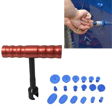 Kit d'accessoires pour réparation automobile 19 en 1 Kit d'accessoires pour réparation amaccature sans vernice Rimozione grandine Kit d'accessoires pour réparation amaccature avec martello scorrevole a barra rossa, 19 in 1 Small Red T Bar