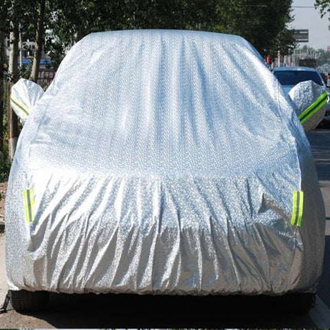 Pellicola in alluminio PEVA Lana di cotone Antipolvere Impermeabile Resistente al sole Antigelo Antigraffio Dissipazione del calore Copriauto SUV con strisce di avvertenza, Adatto per auto fino a 4,7 m (183 pollici) di lunghezza