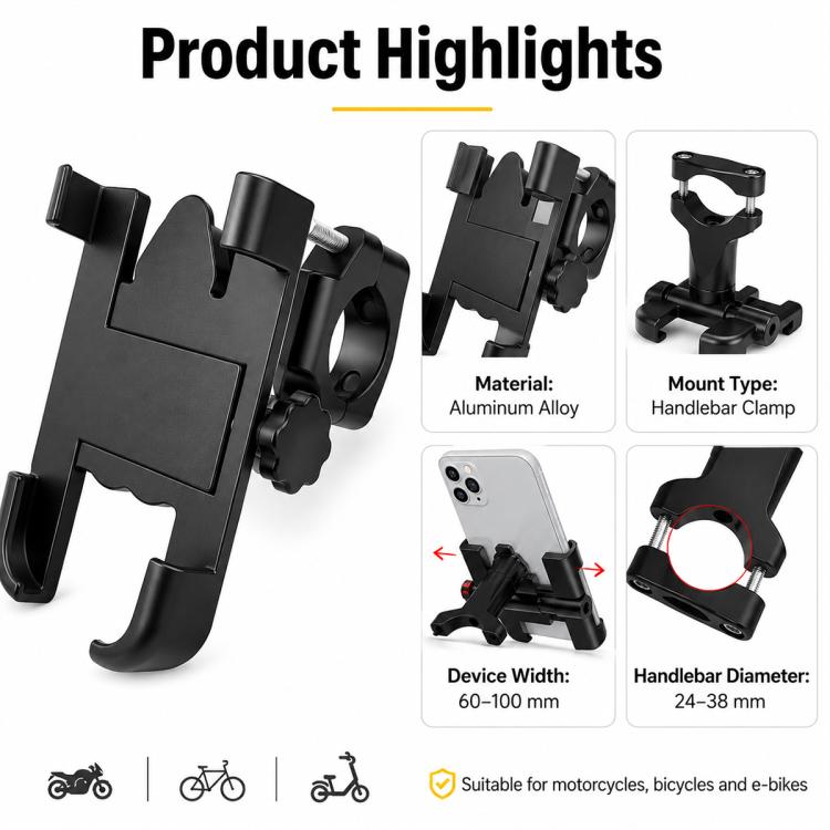 Aluminum Alloy Motorcycle Phone Bracket for 60-100mm Devices