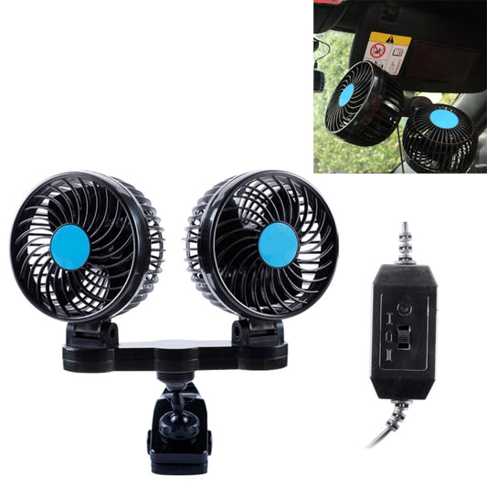 HUXIN HX-T605 7W Clip di rotazione regolabile a 360 gradi Mini ventilatore per auto elettrica a basso rumore a due teste con interruttore a marcia, DC12V, HX-T605