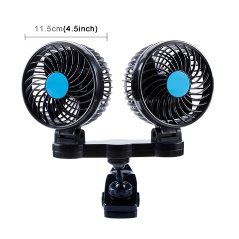 HUXIN HX-T605 7W Clip di rotazione regolabile a 360 gradi Mini ventilatore per auto elettrica a basso rumore a due teste con interruttore a marcia, DC12V, HX-T605