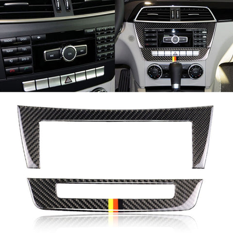 Adhésif décoratif pour panneau CD de commande centrale en fibre de carbone avec bande en tedesca pour voiture pour Mercedes-Benz W204 2011-2013 7 impulsions, panneau CD de commande centrale (drapeau allemand)
