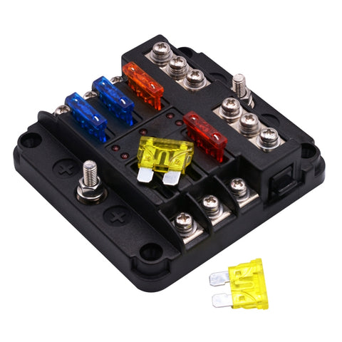 Kit portafusibili per scatola fusibili con lama per circuito a 6 vie, positivo e negativo indipendente, 1 in 6 uscite, con indicatore di avviso LED per auto, camion, barca, 1 in 6 Out