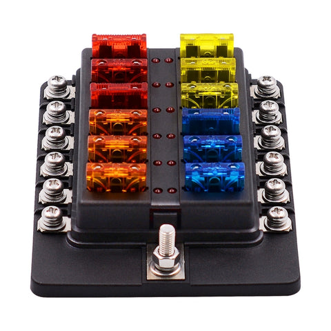 Kit portafusibili con sezione terminale a vite per scatola fusibili 1 in 12 con indicatore di avviso LED per barca per camion per auto, 1 in 12 Out (Screw Terminal Section)