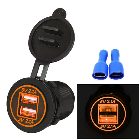 Caricabatteria universale per auto Presa di alimentazione a 2 porte Caricatore doppio USB 5V 4.2A IP66 con apertura, 4.2A with Aperture (Orange Light)