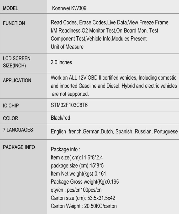 KONNWEI KW309 OBD2 Code Reader Diagnostic Tool for Cars