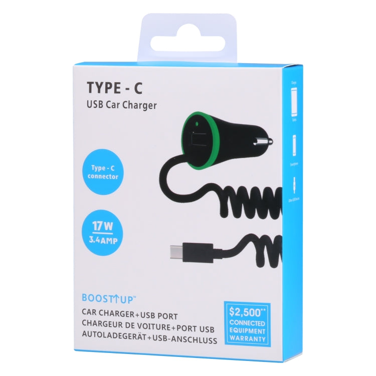 17W Mini USB Car Charger with USB-C Spring Cable