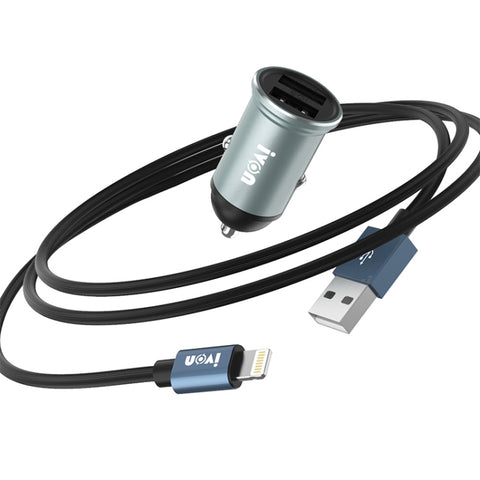 IVON CC37 Mini caricabatteria da auto doppia USB 15W 3.1A + set di cavi dati a ricarica rapida da USB a 8 pin da 1 m, 8 Pin