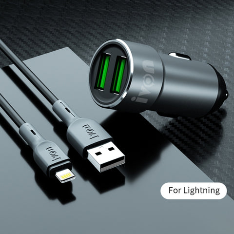 IVON CC38 Caricatore per auto doppio USB 2.4A + set di cavi dati per ricarica rapida da USB a 8 pin da 1 m, 8 Pin