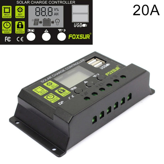 Regolatore di carica solare FOXSUR 20A Regolatore di identificazione automatica 12V / 24V, 20A
