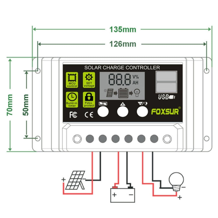 Regolatore di carica solare FOXSUR 20A Regolatore di identificazione automatica 12V / 24V, 20A