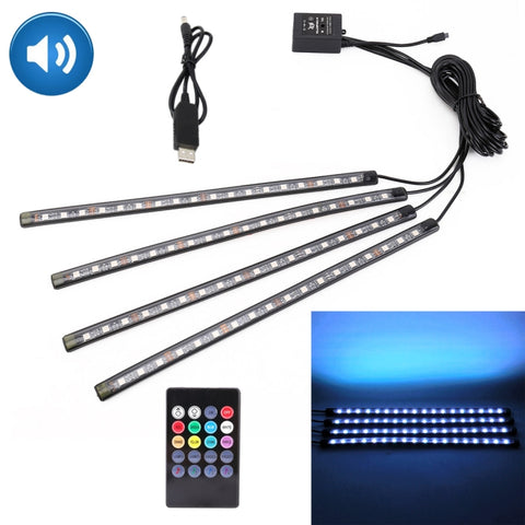 Luci d'atmosfera a LED acustiche colorate USB universali per auto 4 in 1 Lampada decorativa per illuminazione colorata, con lampade SMD-5050 da 18 LED e telecomando, DC 5 V 8,6 W, USB