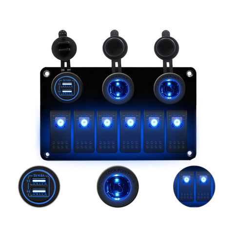 Panneau d'interrupteurs combiné multifonction, interrupteur à 6 voies 12V / 24V + chargeur double USB pour voiture RV bateau marin, 6 voies (lumière bleue), 6 voies (lumière verte), 6 voies (lumière rouge)