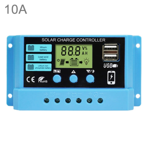 Régulateur de batterie solaire 10A Régulateur photovoltaïque avec chargeur de batterie pour batterie au lithium au piombo-acide 12V / 24V, 10A