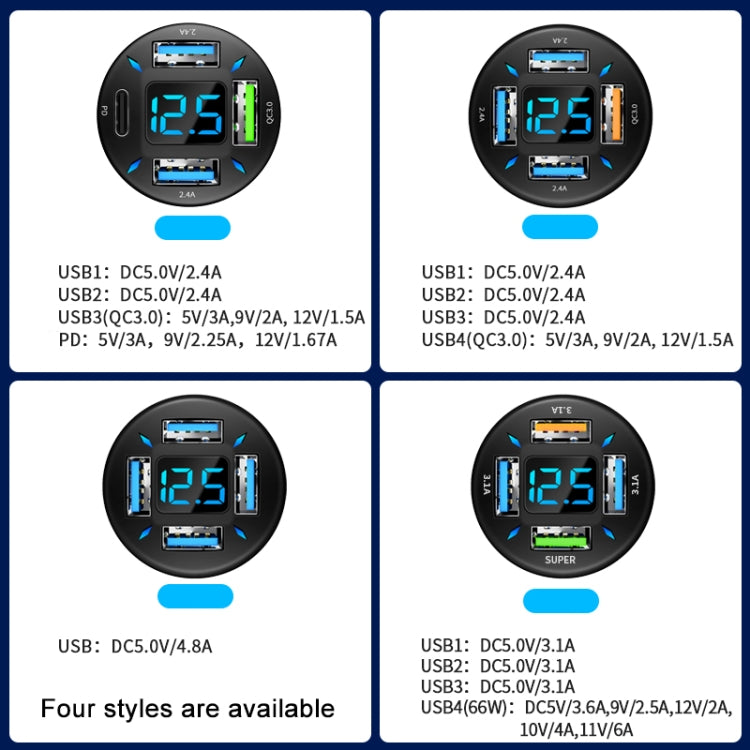 4 in 1 USB QC3.0 Car Fast Charger with Digital Display