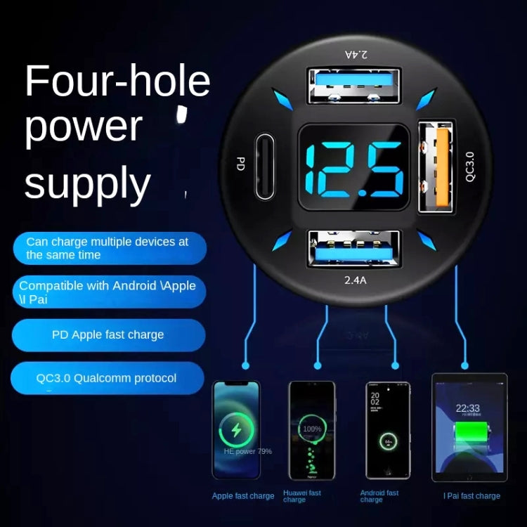 4 in 1 USB QC3.0 Car Fast Charger with Digital Display