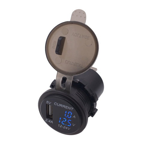Adaptateur pour prise de courant pour batterie de voiture USB sur un seul port universel pour voiture 2,4 A 5 V IP66 avec voltmètre numérique LED + ampèremètre, voltmètre 2,4 A + ampèremètre (lumière bleue), voltmètre 2,4 A + ampèremètre (lumière verte)
