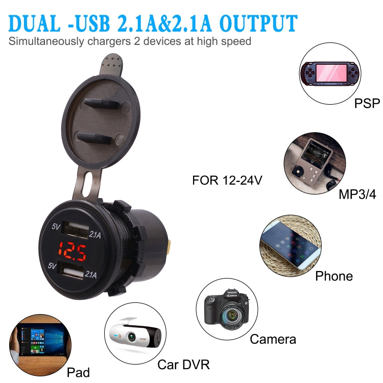 Universal Car Dual Port USB Charger Power Outlet Adapter 4.2A 5V IP66 with LED Digital Voltmeter + 60cm Cable, 4.2A Voltmeter + 60cm Cable(Red Light)   ...