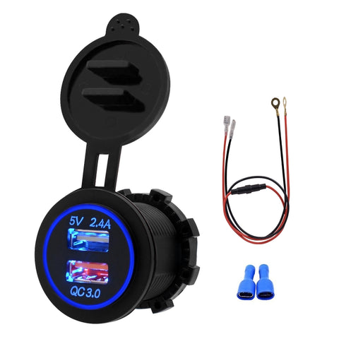 Adaptateur pour prise de courant pour batterie de voiture USB sur un double port QC3.0 universel pour voiture 5 V 2,4 A IP66 avec câble de 60 cm, 2,4 A + 60 cm (lumière bleue), 2,4 A + 60 cm (lumière verte), 2,4 A + 60 cm (lumière orange).