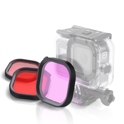 Kit filtri per lenti subacquee con alloggiamento quadrato a 3 colori rosa viola rosso per GoPro HERO8 Custodia impermeabile originale nera, 3 colori