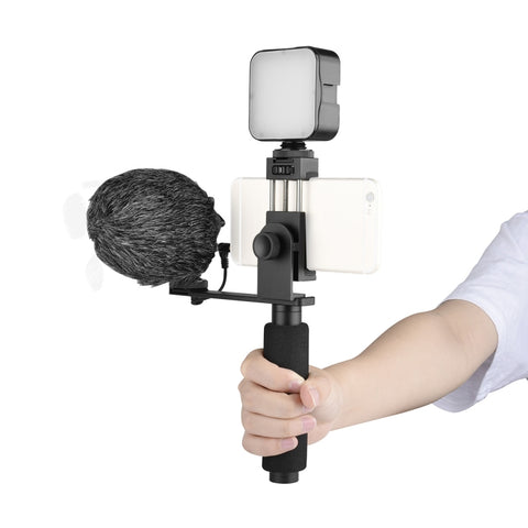 Staffa porta impugnatura portatile YELANGU PC09 + luce di riempimento per fotografia + microfono con morsetto metallico per telefono cellulare, Bracket+Fill Light+Microphone