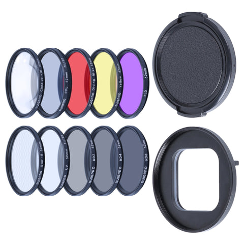 RUIGPRO per GoPro HERO10 Black / HERO9 Black Professional 52mm 52mm 10 in 1 UV+ND2+ND4+ND8+Star 8+ +CPL+Giallo/Rosso/Viola+10X Filtro per obiettivo ravvicinato con anello adattatore filtro e copriobiettivo