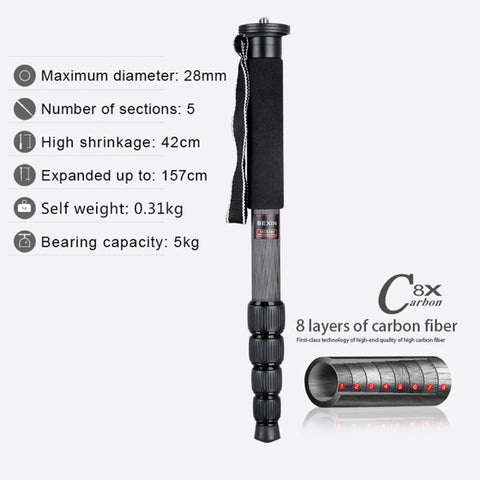 BEXIN MCS285 Supporto per monopiede in fibra di carbonio per fotocamera DSLR da viaggio portatile da esterno, MCS285