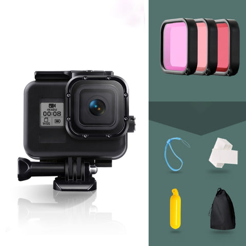 Per GoPro HERO8 Black Custodia protettiva impermeabile da 45 m con fibbia, supporto di base, viti, filtri (viola, rosso, rosa), impugnatura galleggiante, cinturino e inserti antiappannamento, Transparent HERO8 Case+Filters