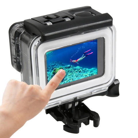 Per GoPro HERO5 Custodia protettiva impermeabile per PC e ABS fino a 30 m + Cover posteriore touch con fibbia Supporto di base e vite lunga, Dimensioni cover posteriore: 7 x 6 cm, Custodia protettiva