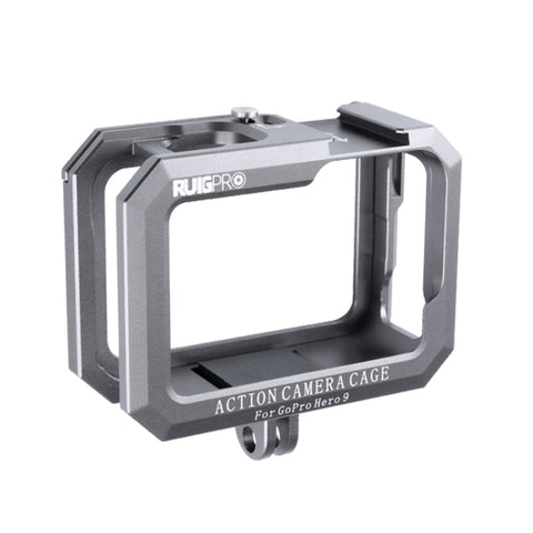 RUIGPRO per GoPro HERO10 Black / HERO9 Gabbia protettiva per montaggio su telaio con bordo in metallo nero e base doppia per scarpe fredde, Silver Grey