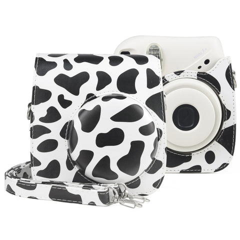 Borsa per fotocamera con custodia in pelle PU per tutto il corpo di mucca da latte con cinturino per FUJIFILM instax mini 7+, Milk Cow
