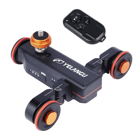 YELANGU L4X Roue pour appareil photo Dolly II Carrello électrique pour combiné à 3 roues Puleggia vidéo avec télécommande pour appareil photo DSLR/DV domestique, GoPro, smartphone, Carico : 3 kg, L4X Dolly Car Black