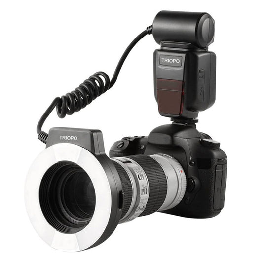 TRIOPO TR-15EX Flash ad anello macro TTL con 6 anelli adattatori di dimensioni diverse per Nikon I-TTL
