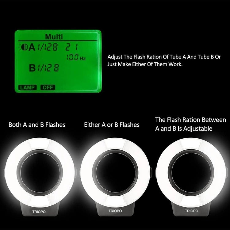 TRIOPO TR-15EX Flash ad anello macro TTL con 6 anelli adattatori di dimensioni diverse per Nikon I-TTL