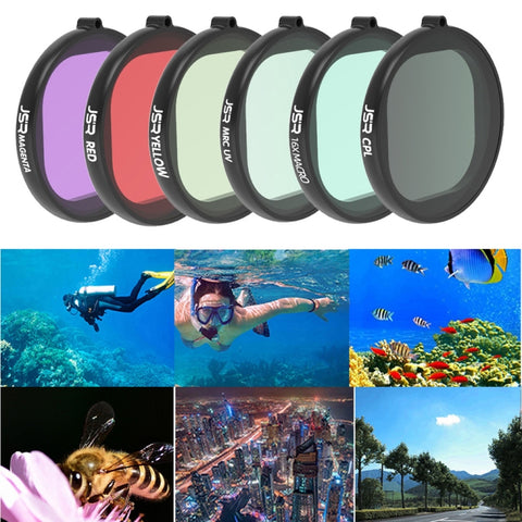 JSR Custodia rotonda Immersione 6 in 1 UV + CPL + 16X Macro + Filtro lente rosso + giallo + viola per GoPro HERO8 Nero, 6 in 1 Lens