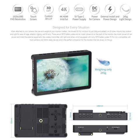 FEELWORLD F5 Pro V4 Écran Tactile à 6 Pouces Moniteur DSLR pour Caméra Photo 3D LUT 4K Entrée HDMI Support Bras Inclinable, F5 Pro V4