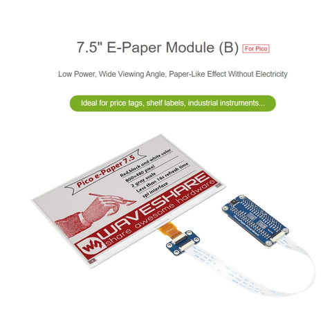 Waveshare Modulo display E-Paper E-Ink da 7,5 pollici 800x480 Pixel Rosso Nero Bianco (B) per Raspberry Pi Pico, interfaccia SPI, 20129