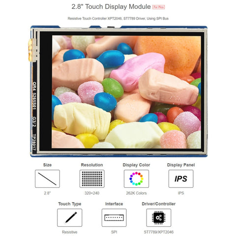 WAVESHARE Module d'affichage tactile de 2,8 pouces 262K couleurs 320 x 240 pixels pour Raspberry Pi Pico, interface SPI, 2,8 pouces