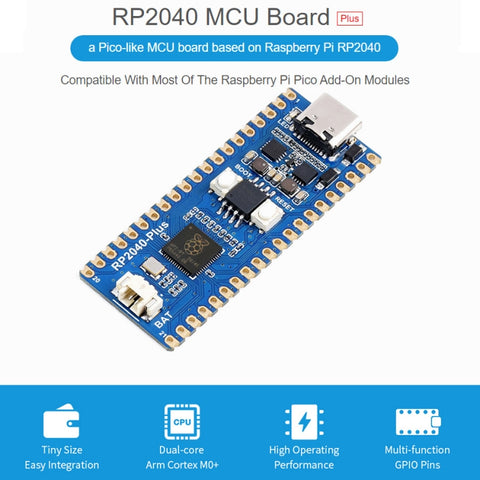 Scheda MCU Waveshare RP2040-Plus Pico-like basata su MCU Raspberry Pi RP2040, con Pinheader, RP2040-Plus con Pinheader